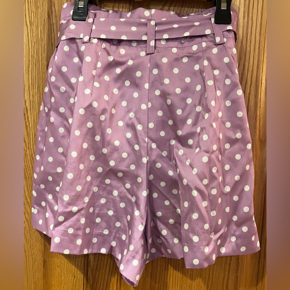ZARA Lilac & White Polka Dot High Waisted Flowy Satin Belted Paperbag Shorts XS - Picture 15 of 16
